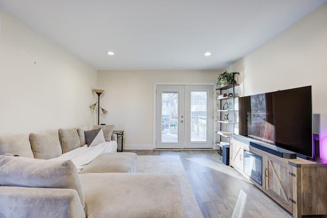 living room with french doors and light hardwood / wood-style flooring