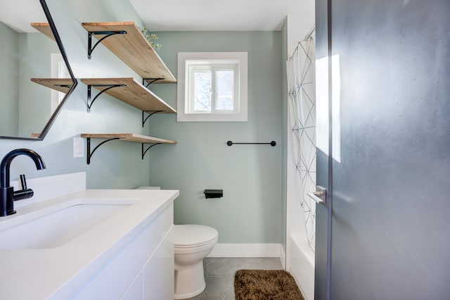 full bathroom with tile patterned floors, vanity, shower / bathtub combination, and toilet