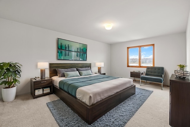 bedroom featuring light carpet