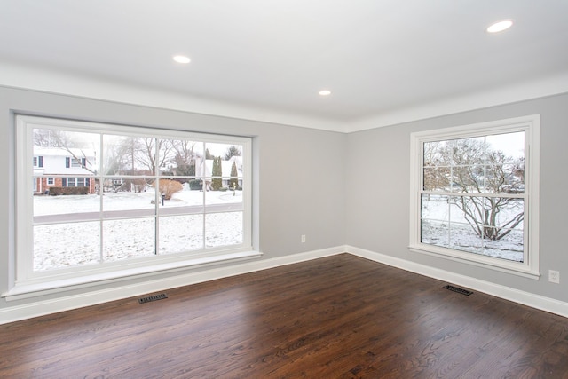 empty room with a wealth of natural light and dark hardwood / wood-style floors