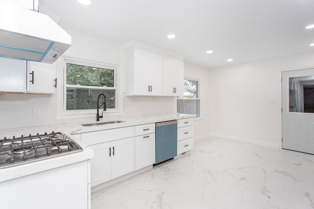 kitchen with white cabinetry, sink, ventilation hood, and stainless steel dishwasher