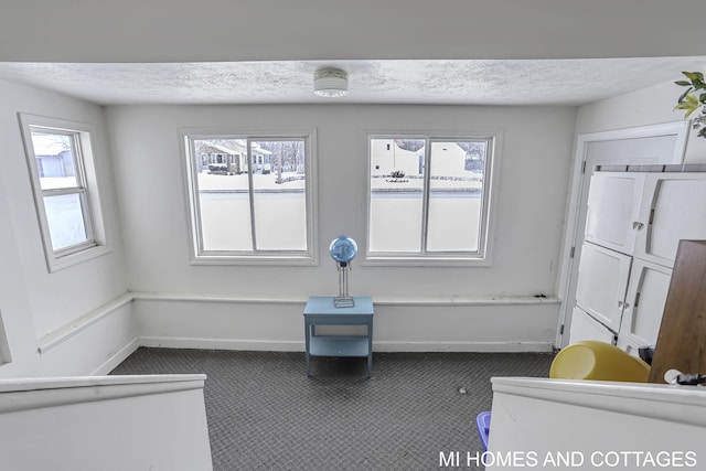 interior space with dark carpet, a textured ceiling, and a wealth of natural light