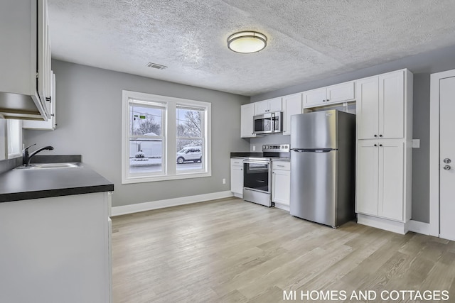 kitchen featuring sink, light hardwood / wood-style floors, a textured ceiling, white cabinets, and appliances with stainless steel finishes