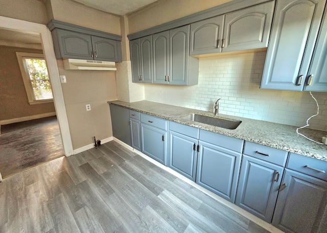 kitchen featuring tasteful backsplash, dark hardwood / wood-style flooring, light stone countertops, and sink