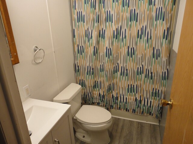 bathroom with hardwood / wood-style floors, vanity, and toilet