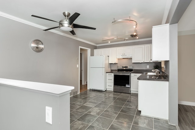 kitchen with white cabinets, ornamental molding, white fridge, ceiling fan, and stainless steel electric range