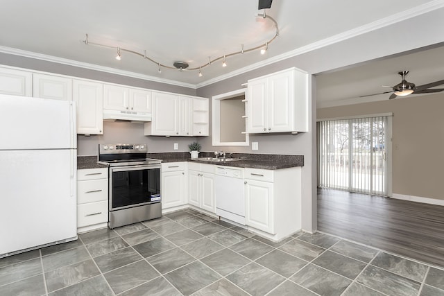 kitchen with white cabinetry, crown molding, and white appliances