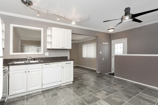 kitchen featuring white cabinetry, ornamental molding, white dishwasher, and sink