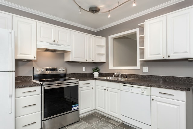 kitchen with crown molding, white appliances, sink, and white cabinets