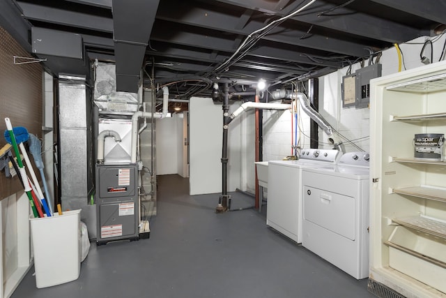 basement with electric panel and washer and dryer