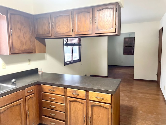 kitchen with dark hardwood / wood-style flooring and kitchen peninsula