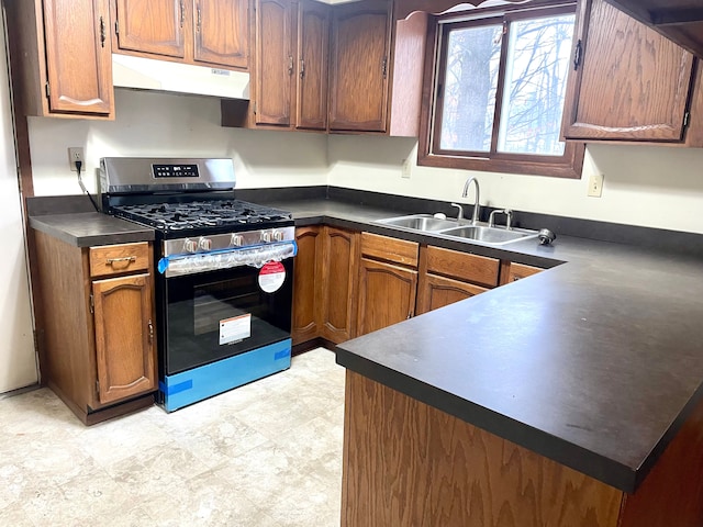 kitchen featuring stainless steel gas range oven and sink