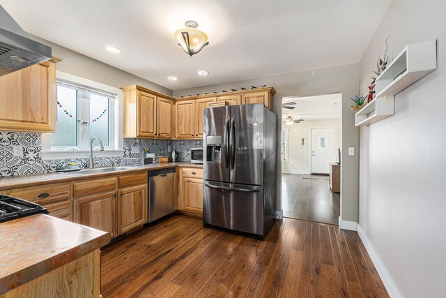 500 Myrtle Ave, Sturgis, MI 49091 - kitchen featuring stainless steel appliances, a sink, dark wood-style flooring, decorative backsplash, and baseboards