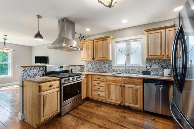 500 Myrtle Ave, Sturgis, MI 49091 - kitchen with appliances with stainless steel finishes, island exhaust hood, a sink, dark wood finished floors, and backsplash