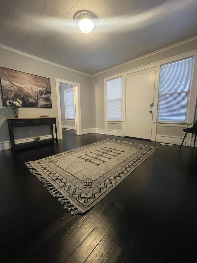 entrance foyer featuring wood-type flooring and ornamental molding