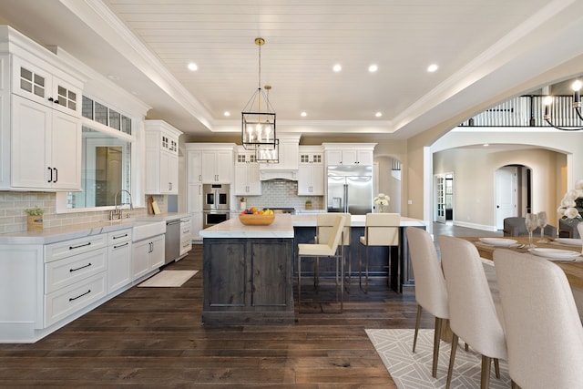 kitchen with pendant lighting, stainless steel appliances, a raised ceiling, and a spacious island