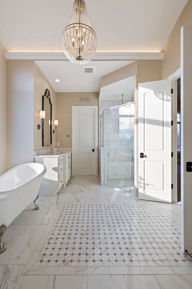 bathroom with a chandelier, vanity, and plus walk in shower