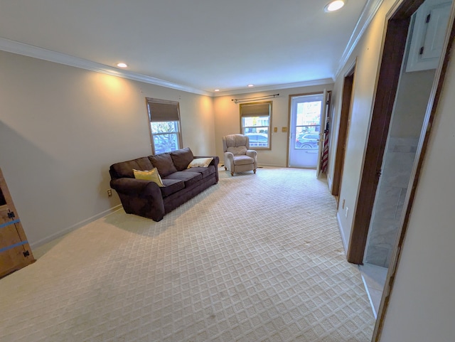 living room with light carpet and ornamental molding