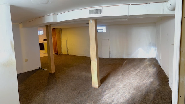 basement featuring dark colored carpet