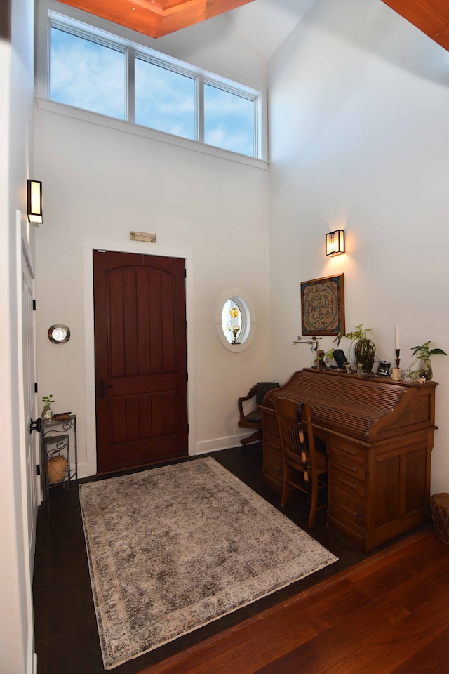 entrance foyer featuring dark hardwood / wood-style floors and a high ceiling