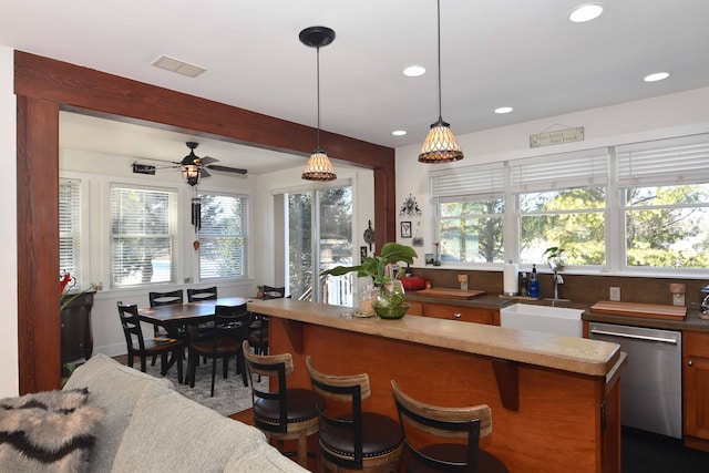 kitchen with stainless steel dishwasher, ceiling fan, a healthy amount of sunlight, and sink