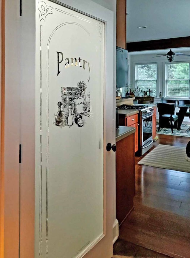 interior space with gas range, ceiling fan, and dark hardwood / wood-style flooring