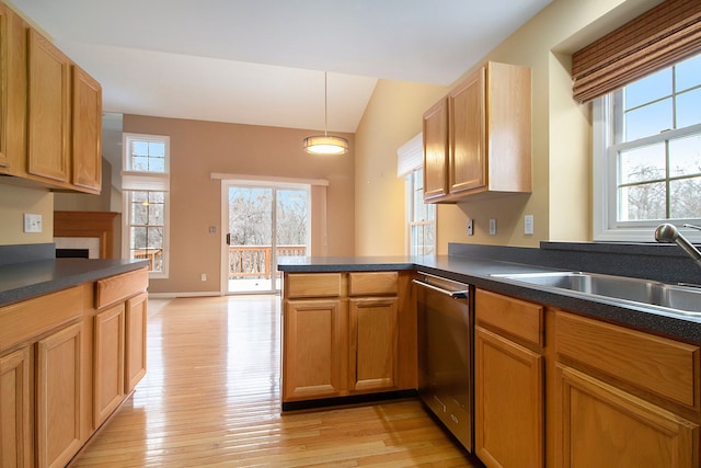 kitchen featuring kitchen peninsula, stainless steel dishwasher, a healthy amount of sunlight, light wood-type flooring, and sink