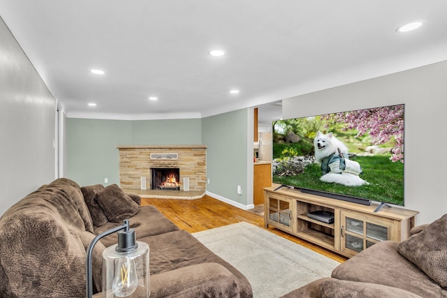 living room with a fireplace and light hardwood / wood-style flooring