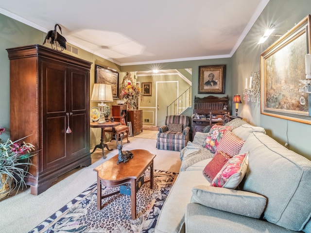 carpeted living room with ornamental molding