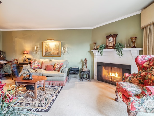 carpeted living room featuring crown molding