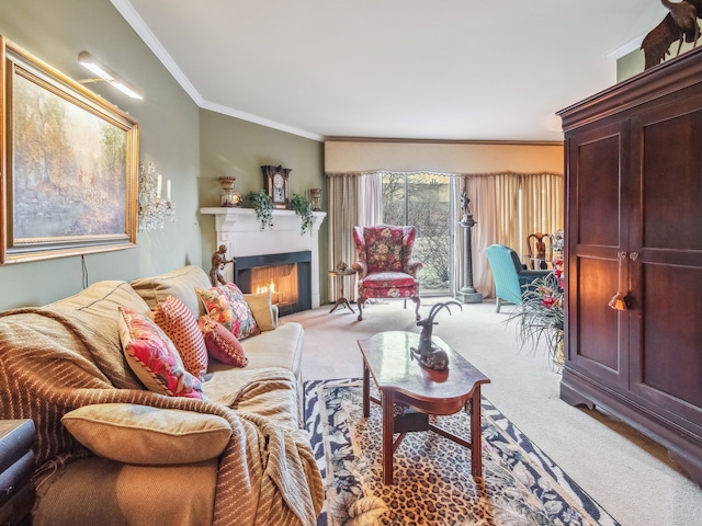 living room with crown molding and light colored carpet