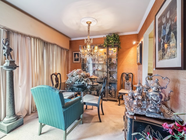 carpeted dining room with crown molding and a notable chandelier