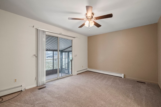 unfurnished room with ceiling fan, carpet flooring, and a baseboard radiator