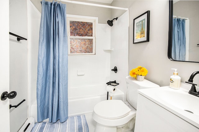 full bathroom featuring vanity, a baseboard radiator, shower / tub combo, and toilet