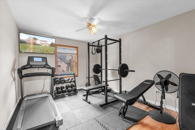 workout area with ceiling fan and hardwood / wood-style flooring