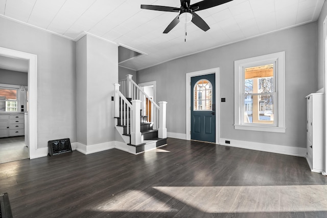 foyer featuring crown molding, dark hardwood / wood-style floors, and ceiling fan