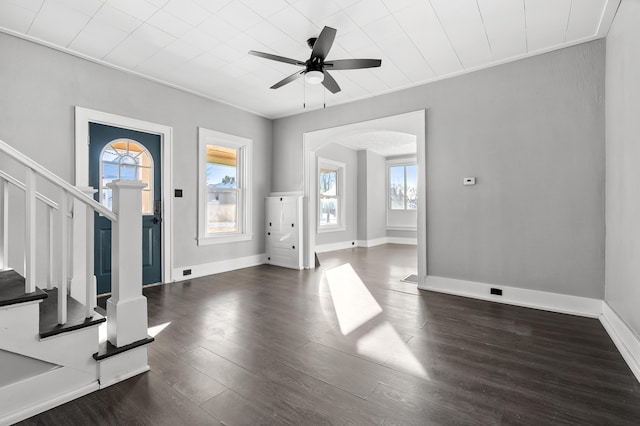 entryway with ceiling fan, ornamental molding, and dark hardwood / wood-style flooring