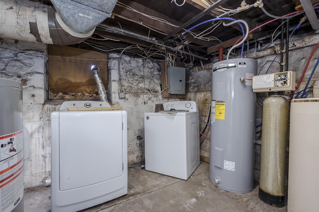 utility room featuring washing machine and clothes dryer, electric panel, electric water heater, and gas water heater