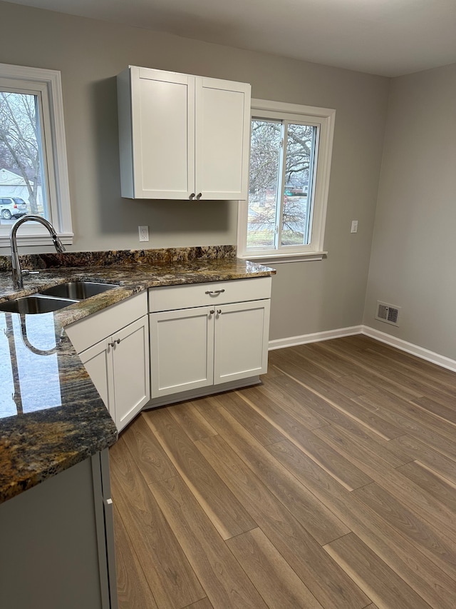 kitchen featuring visible vents, a sink, dark stone countertops, wood finished floors, and baseboards