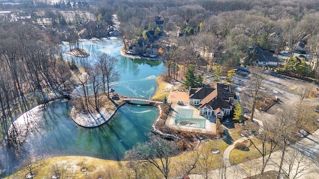 drone / aerial view featuring a water view