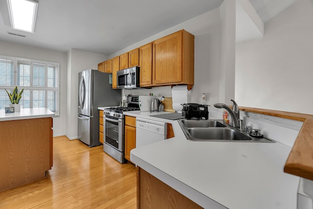 kitchen featuring kitchen peninsula, appliances with stainless steel finishes, light hardwood / wood-style floors, and sink