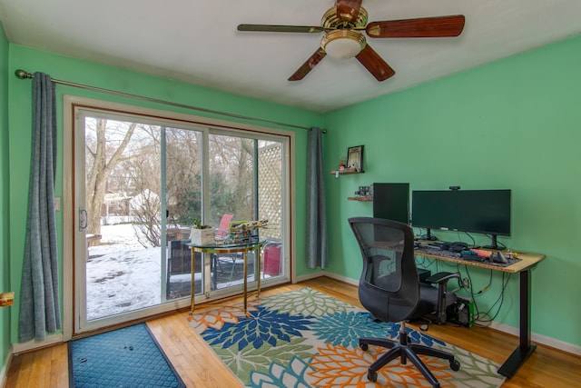 office with ceiling fan and wood-type flooring