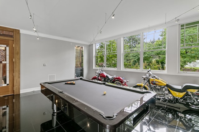 playroom with a wealth of natural light, crown molding, and pool table