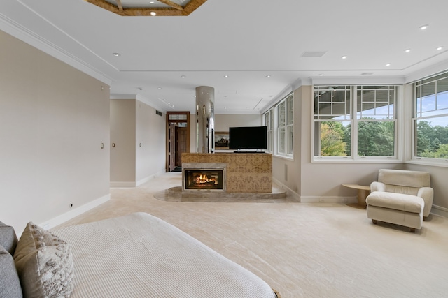 living room featuring crown molding