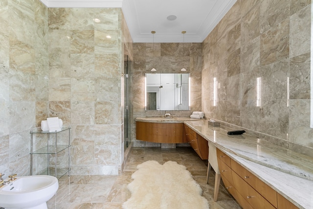 bathroom featuring walk in shower, crown molding, a bidet, vanity, and tile walls