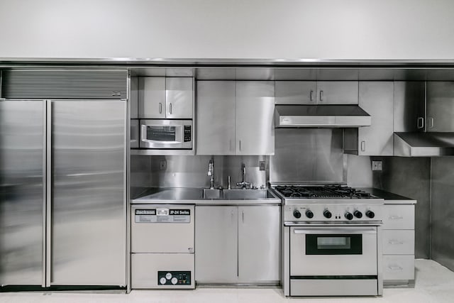 kitchen featuring gray cabinetry, stainless steel counters, sink, tasteful backsplash, and built in appliances