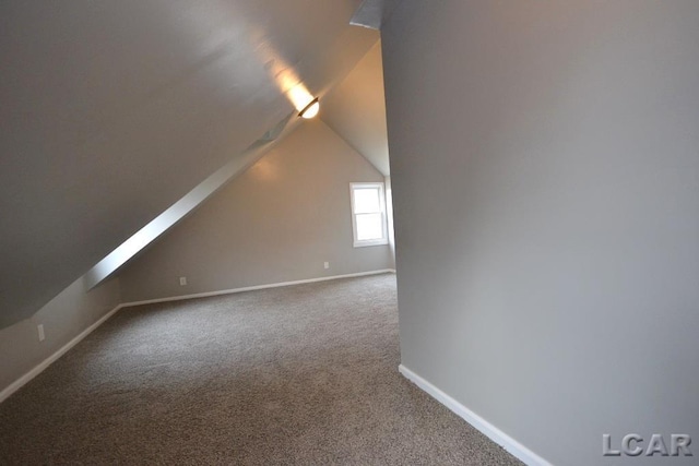 additional living space with vaulted ceiling with skylight and carpet