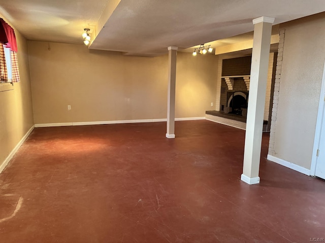 basement featuring a fireplace