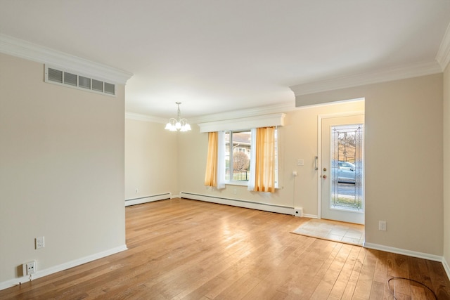 interior space with ornamental molding, a baseboard heating unit, a notable chandelier, and light hardwood / wood-style flooring