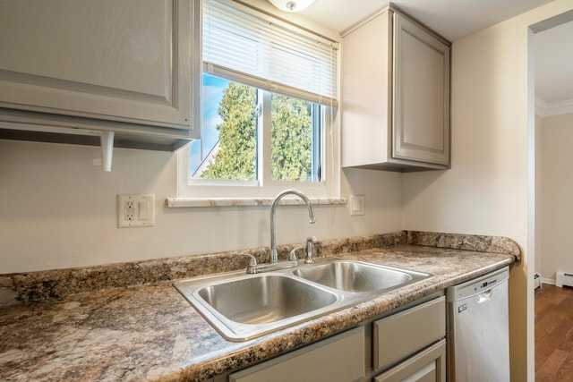 kitchen featuring gray cabinets, dishwasher, hardwood / wood-style flooring, and sink